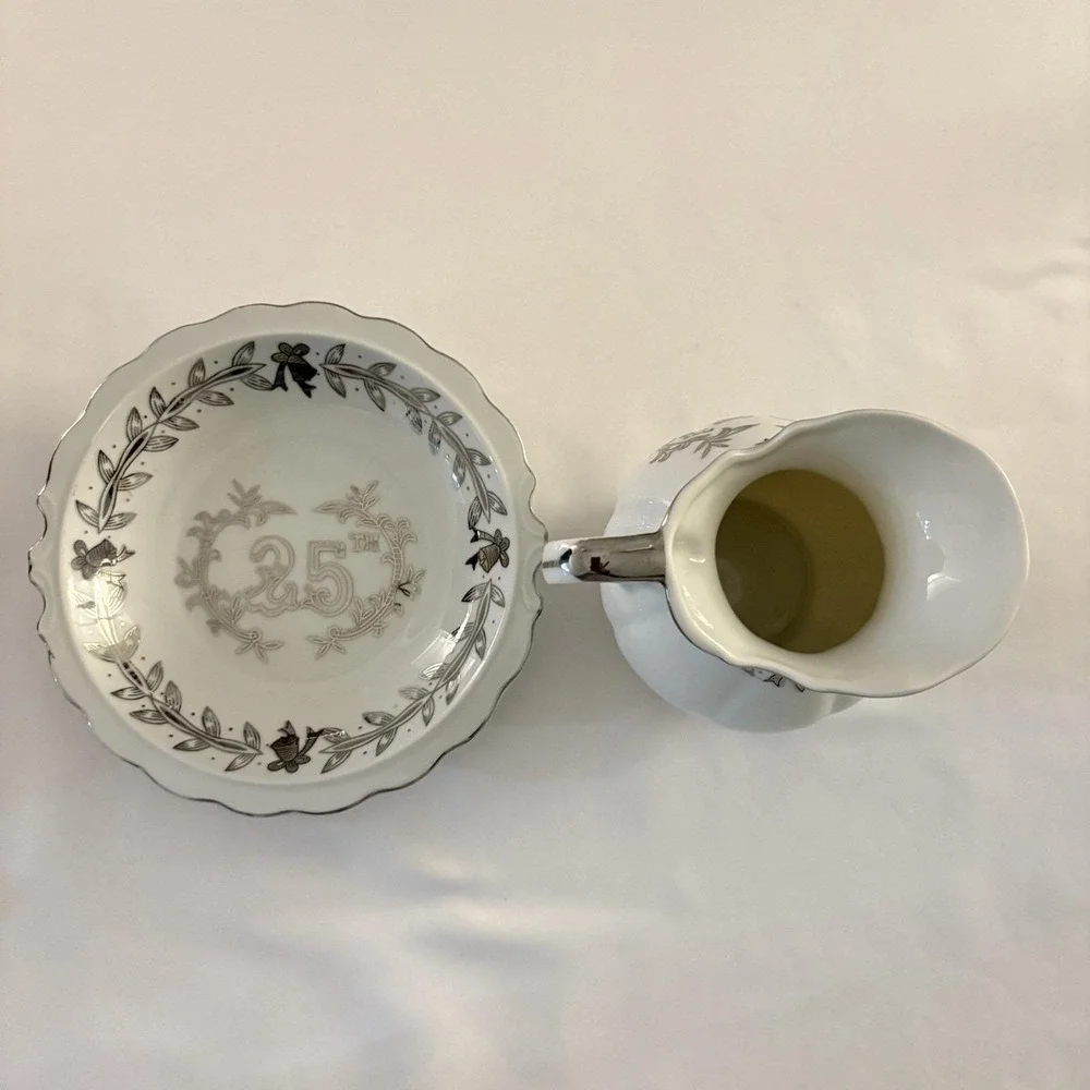 Vintage Lefton 25th Anniversary Pitcher &‎ Liner Bowl Silver White Porcelain MCM